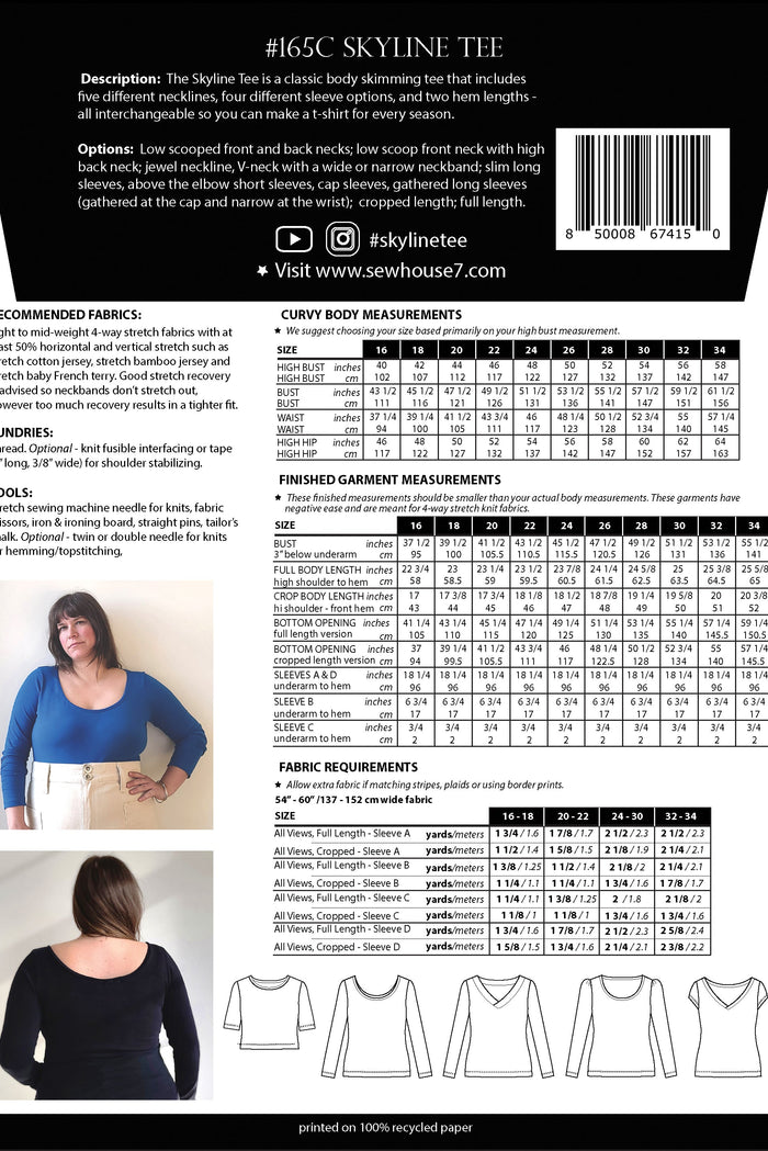 #165C Skyline Tee Curvy Fit Sewing Pattern (Sizes 16-34)